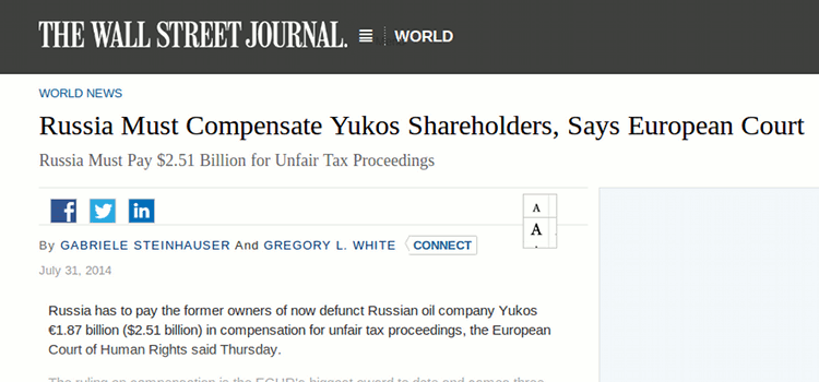 WSJ story on an EU court "ordering" Russia to pay $50 billion to Yukos